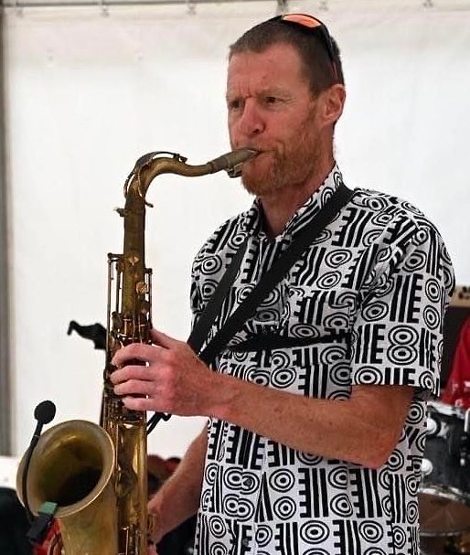 Niall Ross playing tenor sax and looking cool